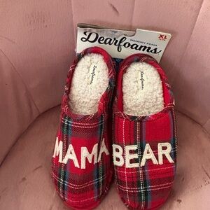 Dearfoams Red Plaid and Black Mama Bear Memory Foam Slippers
